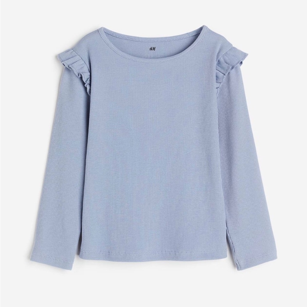 H&M Girls Blue Flounce-Trimmed Ribbed Top - Size 6X/7